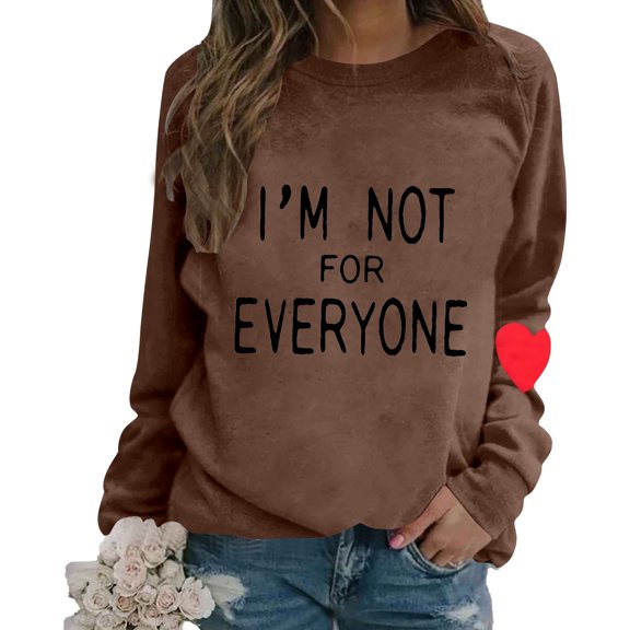 Tiweut Womens Sweatshirts Fashion Solid Color Long Sleeve Crewneck Letter Print Loose Fit Pullover Relaxed Fit Blouses Brown,M
