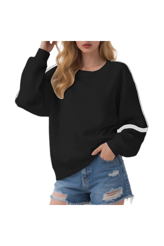 Womens Sweatshirts Heavyweight Solid Color Crewneck Long Sleeve Side Line Fall Fashion Casual Streetwear Loose Pullover Top,Black,XL