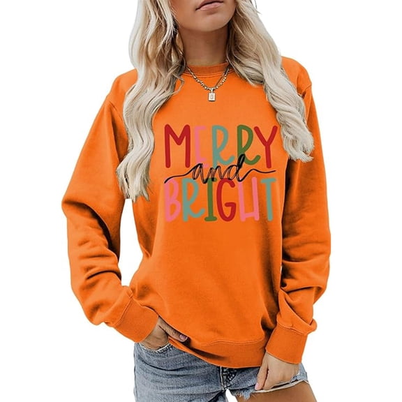Tiweut Womens' Sweatshirts Letter Graphic Oversized Loose Fit Pullover Crewneck Long Sleeve Holiday Tops,Orange,S
