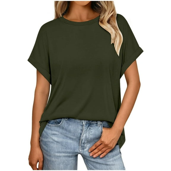 Tiweut Womens T Shirt Basic Loose Crewneck Short Sleeve Summer Solid Color Pullover Blouse,Green