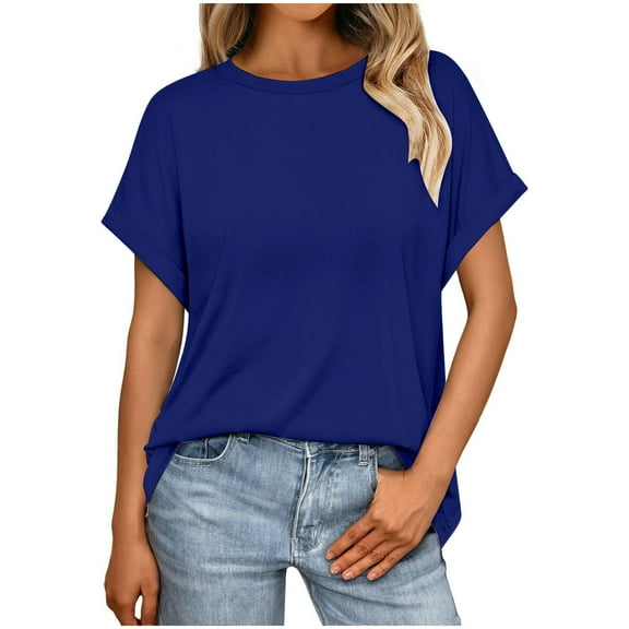 Tiweut Womens T Shirt Basic Loose Crewneck Short Sleeve Summer Solid Color Pullover Blouse,Navy