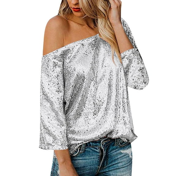 Tiweut Womens T Shirt Sequin V Neck 3/4 Sleeve Slouchy Glittering Loose Pullover Outerwear,Silver