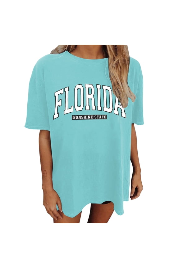 Womens T-Shirts Graphic Print Loose Short Sleeve Round Neck Drop Shoulder Design Tee Regular Tops