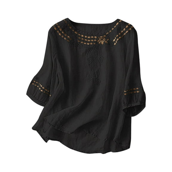 Tiweut Womens T Shirts Summer Embroidered Linen Short Sleeve Loose Pullover Outerwear,Black