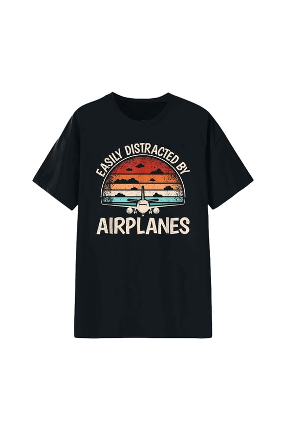 Womens Tops Short Sleeve Crewneck Easily Distracted By Airplanes Pilot Flying Aviation Loose T-Shirt,Black,S