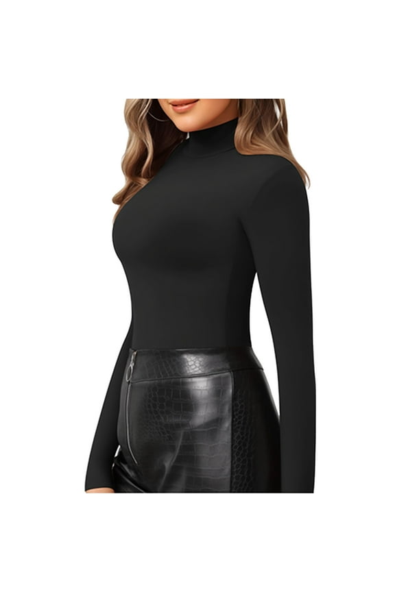 Womens Tshirts Casual Tops High Neck Slim Fit Long Sleeved Tight Pullover Elegant Pure Color Blouses,Black,L