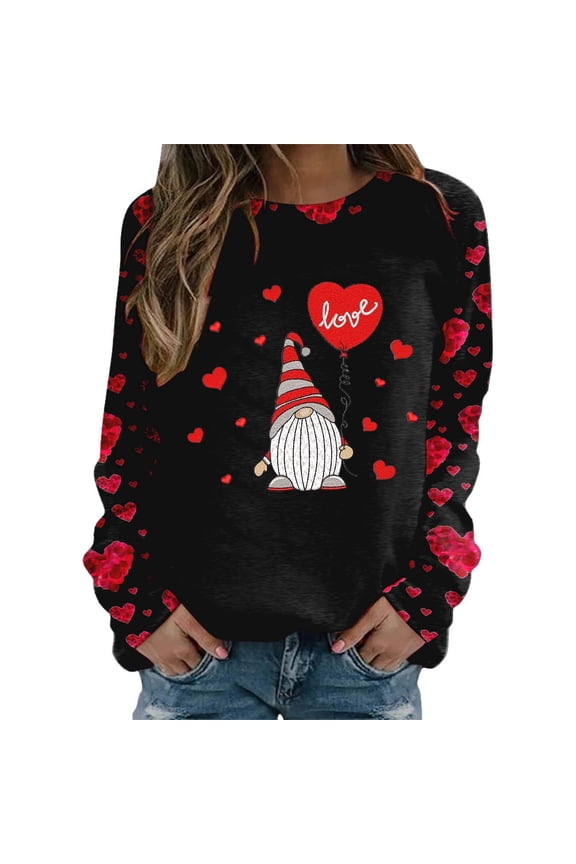 Womens Valentines Day Shirt Gnome Print Long Sleeve Sweatshirt Crewneck Casual Holiday Fashion Graphic Tees Outfits,A-Black,L