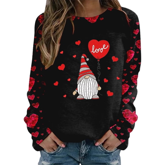 Tiweut Womens Valentines Day Shirt Gnome Print Long Sleeve Sweatshirt Crewneck Casual Holiday Fashion Graphic Tees Outfits,A-Black,L