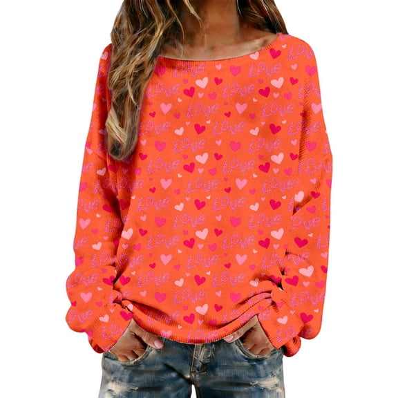 Tiweut Womens Valentines Shirt Romantic Love Heart Bow Graphic Stripe Tee Tops Casual Long Sleeve Crewneck Wife's Day Shirts,B-Orange,2XL