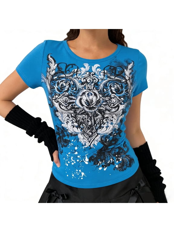 Womens Y2k Graphic Baggy Tees Shirts 2000s Gothic Grunge Emo Tops Fairycore Clothes,Blue