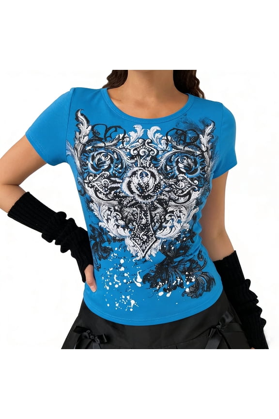 Womens Y2k Graphic Baggy Tees Shirts 2000s Gothic Grunge Emo Tops Fairycore Clothes,Blue