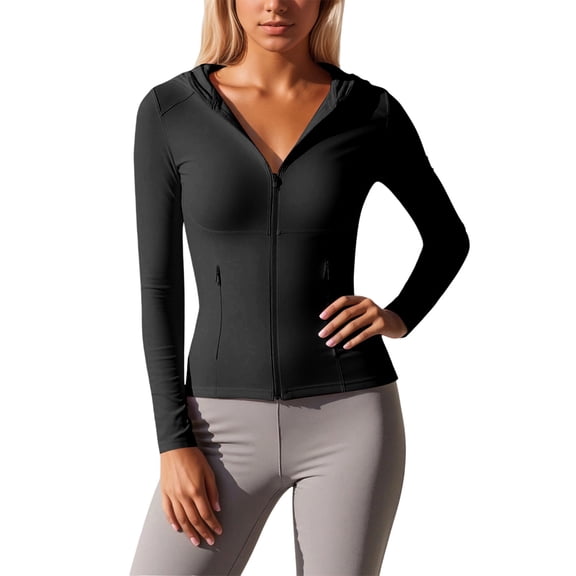 Tiweut Womens Yoga Jackets Lightweight Zip Up Hooded Slim Fit Long Sleeve Running Fitness Activities Stylish Ladies Outerwear Black,M