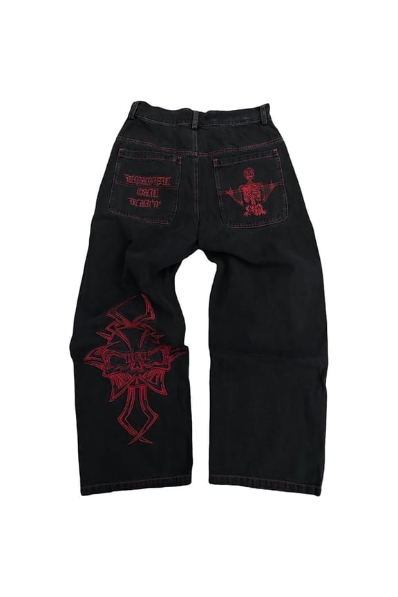 Y2K Beggy Jeans for Women Men Denim Pants Skull Embroidery Gothic Jeans Straight Wide Leg Trouser,Z3 Red,2XL