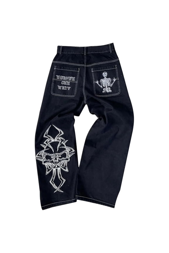 Y2K Beggy Jeans for Women Men Denim Pants Skull Embroidery Gothic Jeans Straight Wide Leg Trouser,Z3 White,S