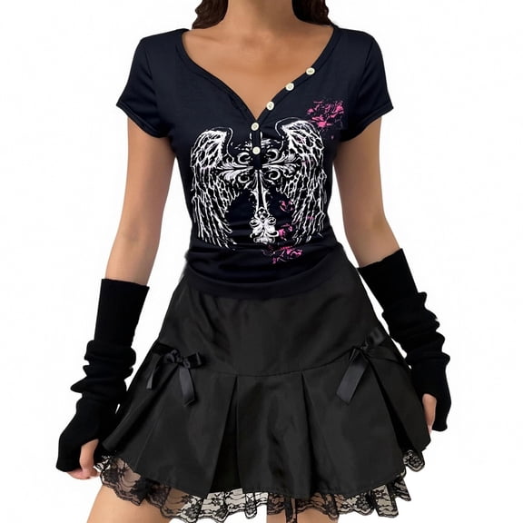 Tiweut Y2k Fairy Grunge T Shirts for Women Emo 2000s Wing Print Tees Fairycore Vintage Blouse,Black