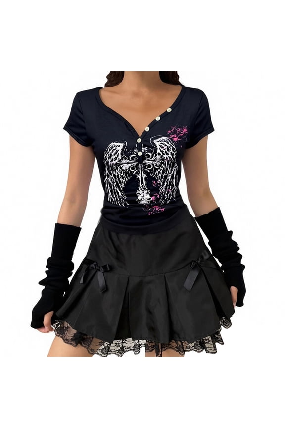 Y2k Fairy Grunge T Shirts for Women Emo 2000s Wing Print Tees Fairycore Vintage Blouse,Black