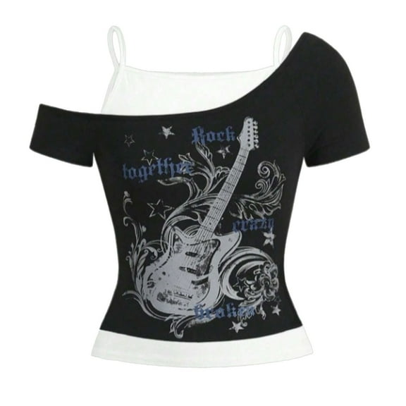 Tiweut Y2k Women T Shirt Grunge Top Emo 2000s Vintage Two Piece Short Sleeve Crop Tops Teens,Black,S