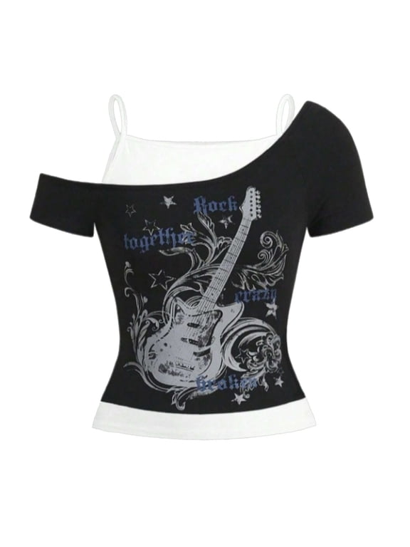 Y2k Women T Shirt Grunge Top Emo 2000s Vintage Two Piece Short Sleeve Crop Tops Teens,Black,S