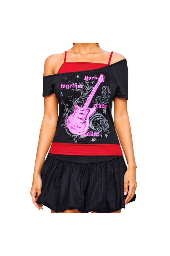 Y2k Women T Shirt Grunge Top Emo 2000s Vintage Two Piece Short Sleeve Crop Tops Teens,Hot Pink,L