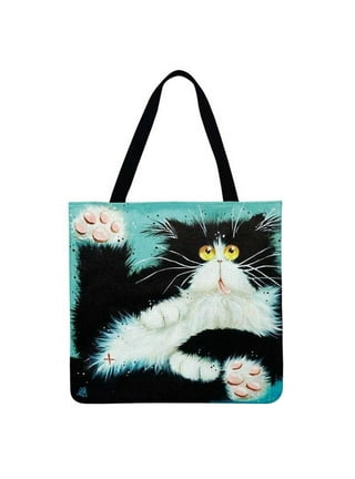 Cat Tote Bag, Continuous Kitten with Star Shaped Sunglasses Cartoon Illustration Print, Cloth Linen Reusable Bag for Shopping Books Beach and More
