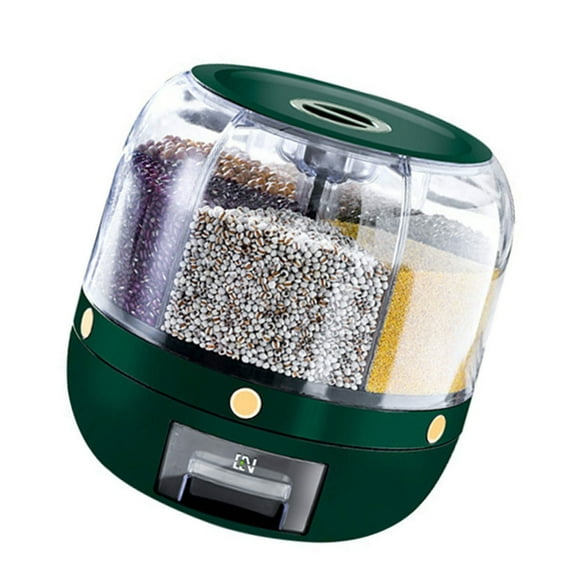 Tizuqe 360 Degree Rotating Dry Food Storage Container Grains Bucket with 6 Compartments Rice Dispenser Box Kitchen Supplies