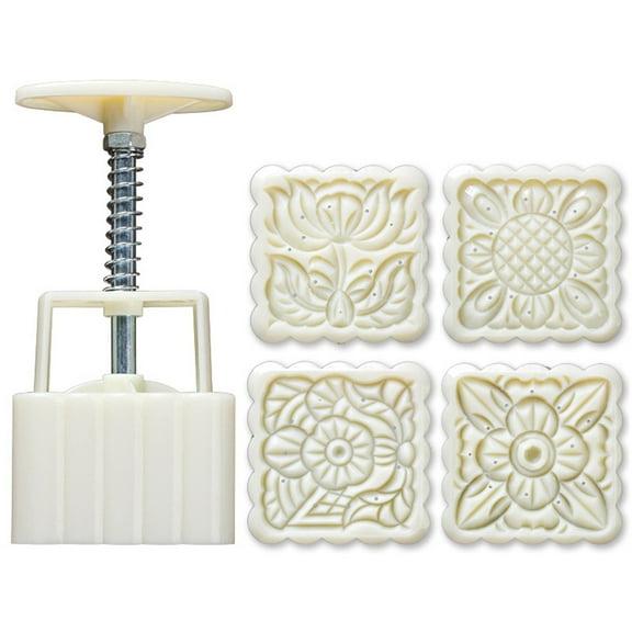 Tizuqe 4pcs Square Hand Press Stamp Moon Cake Decor Barrel Mooncake Mold 125g Pastry DIY Tool