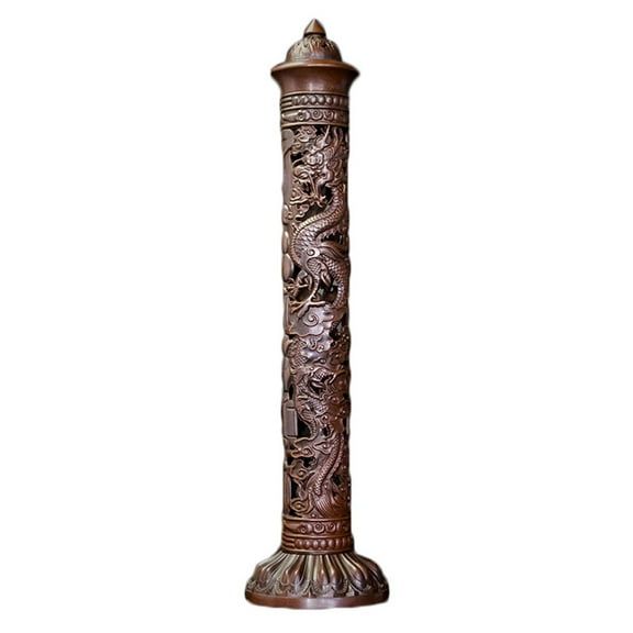 Tizuqe Antique Vintage Copper Vertical Incense Stick for Burner Hollow Out Carved Dragon Phoenix Metal Tower Ash Catcher Censer