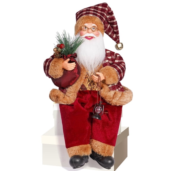 Tizuqe Christmas Santa Statue 12inch Sitting Position Homes Decoration Washable Fabric And Shatterproof Plastic Materials