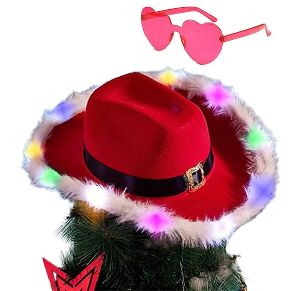 Tizuqe Santa Christmas Cowboy Hat for Women Men LED Light up Props New Year Party Decor