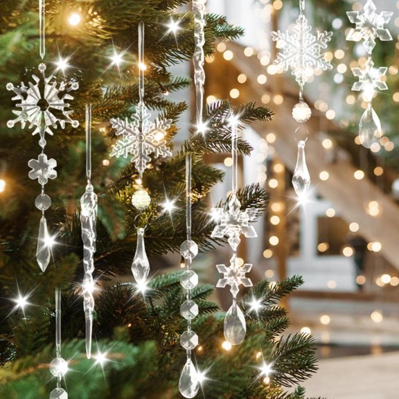 Tizuqe Set Of 10 Assorted Acrylic Snowflakes and Ice Crystal Charm Christmas Tree Hanging Pendants Stylish Office Decorations