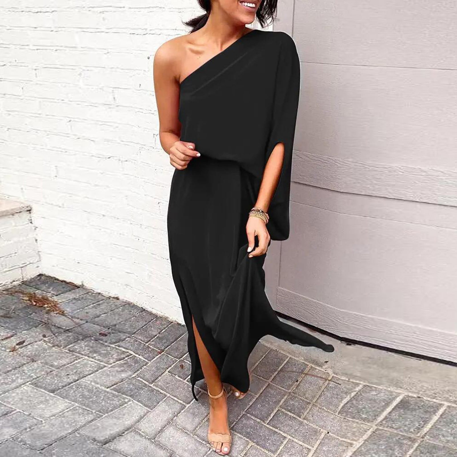 Tking Fashion Womens 2023 Summer Casual Printed Loose T Shirt Dress 3 4 Sleeve One Shoulder Maxi Dresses Black L Walmart