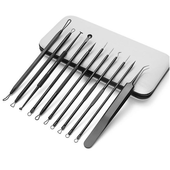 Tkrady 11pcs Blackhead Remover Pimple Comedone Extractor Tool, Acne Removal Kit - Treatment for Blemish, Whitehead Popping, Zit Removing for Risk Free Nose Face Skin with Leather Clip
