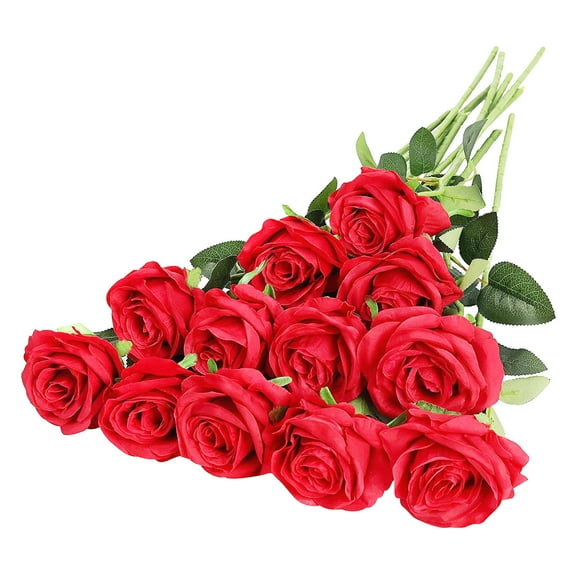 Tkrady 12PCS Artificial Silk Flowers Realistic Roses Bouquet Long Stem for Home Wedding Decoration Party (A-Red)
