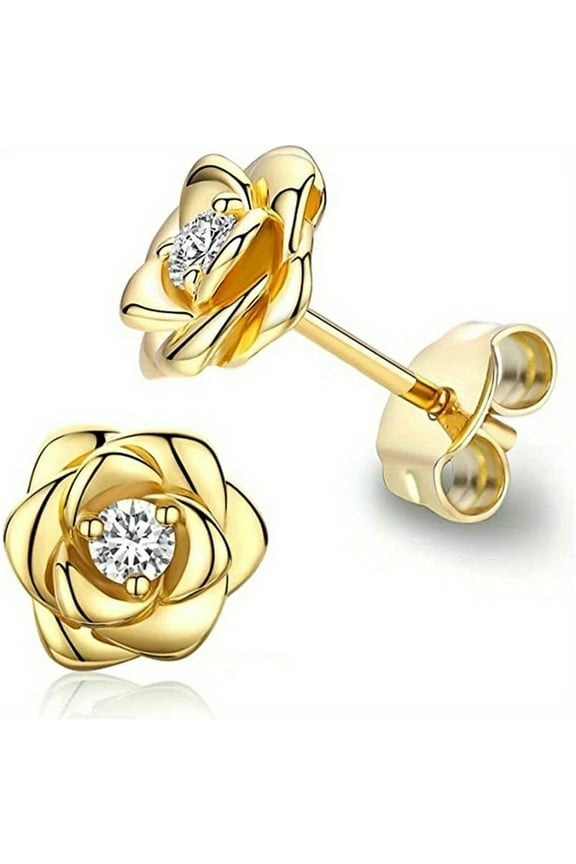 14K Gold Plated 925 Sterling Silver Post Cubic Zirconia Rose Flower Stud Earrings for Women | Hypoallergenic & Nickel Free Earrings for Women