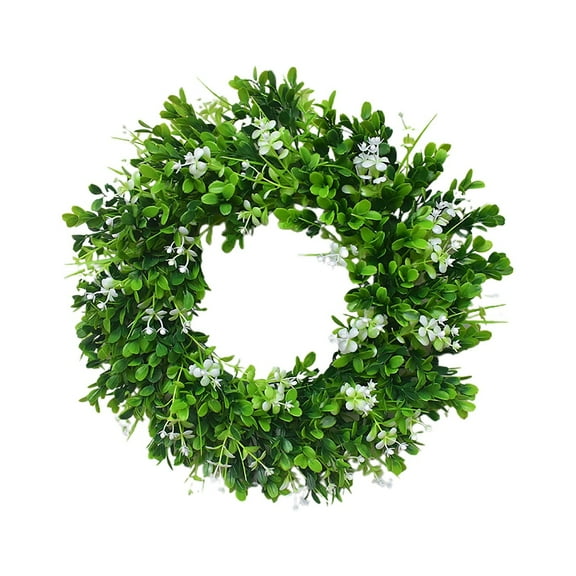 Tkrady 18" Artificial Spring Summer Greenery Wreaths for Front Door Green Eucalyptus Leaf Wreath Decor Boxwood with White Flowers for Farmhouse Outside Year Round