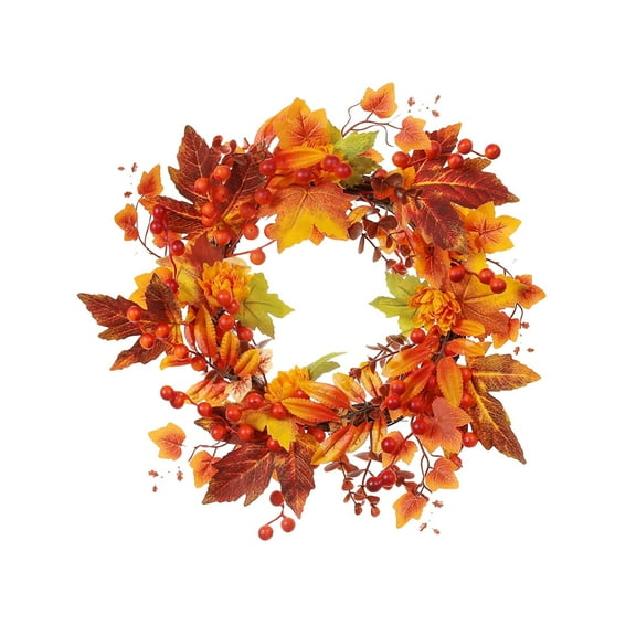 Tkrady 18 Inch Fall Door Wreath Autumn Harvest Wreaths with Berries Fall Foliage Artificial Fall Wreaths for Front Door Outside Farmhouse Festival Thanksgiving Decor Orange