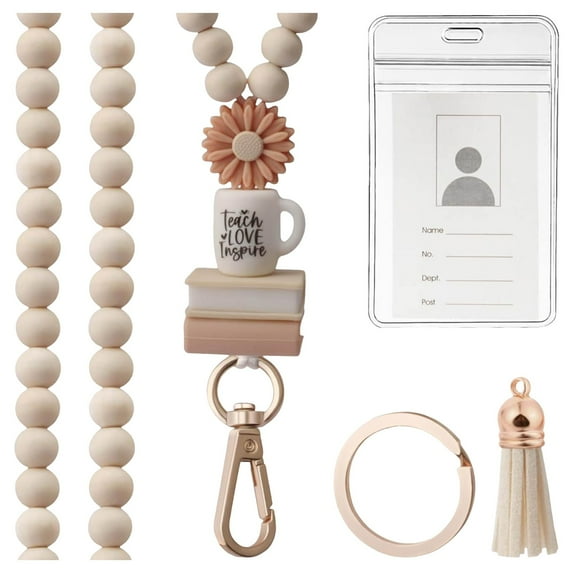 Tkrady 2024 Teacher Lanyard with ID Holder, Fashion Wood Beaded Lanyard for Key, for Women, 7 Styles
