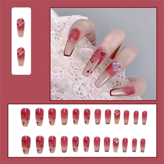 Tkrady 24Pcs Press On Nails French Heart And Bowknot Pattern 3D Fake Nails Pieces With Glue 1ml