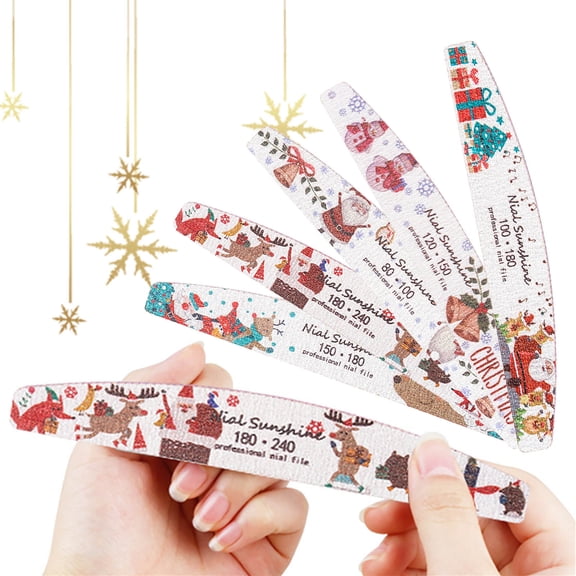 Tkrady 5Pcs Christmas Printed Nail File Christmas Manicure Tools Washable Nail File Double Sided