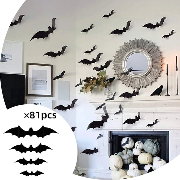 Tkrady 81 Pcs Decorations Indoor 3D Bats Wall Stickers 4 Size for Home Decor, Extra Large Black Scary Bats Window Door Porch Decals Outdoor for Eve Party Supplies