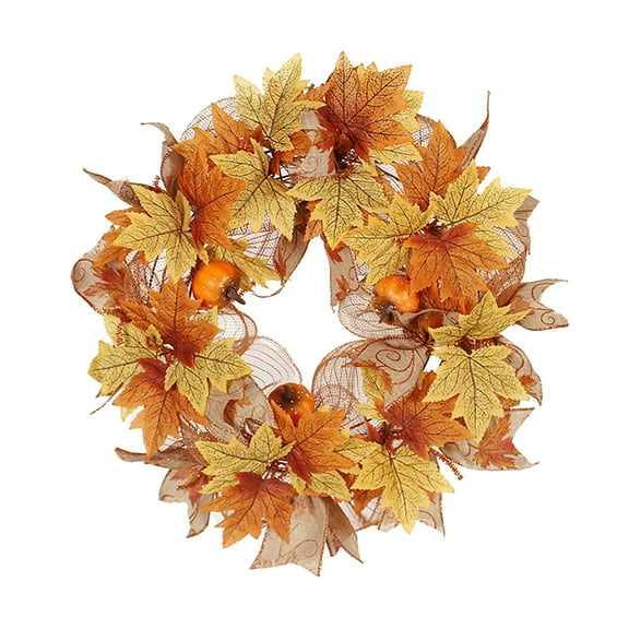 Tkrady Artificial Autumn Maple Leaf Wreaths for Front Door 15.7 inch Orange Harvest Fall Door Wreath with Pumpkin, Thanksgiving Farmhouse Fall Wreaths for Front Door