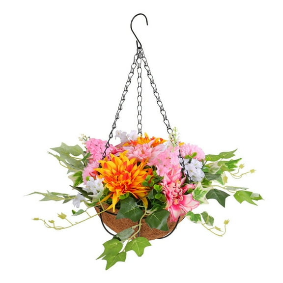 Tkrady Artificial Hanging Flowers 17 inch Basket, Spring Chrysanthemum Hanging Flower Arrangement,Coconut Lining Pot Planter with Chrysanthemum Patio Garden Porch Deck Spring Summer Decor