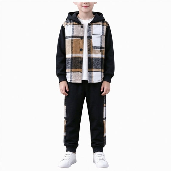 Tkrady Baby Boy Winter Clothes 3T 4T 5T 6T 7T 2 Piece Plaid Hoodie and Pants Outfit Kids Boys Fall Winter Sweatsuit Set Baby's Clothing Set