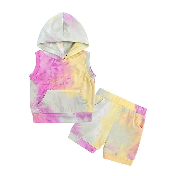 Tkrady Baby Girl Outfits Spring Summer New Soft Breathable Sleeveless Vest Tie Dye Print Tops Hooded Shorts 2 Piece Set, Sizes 0-3 Years