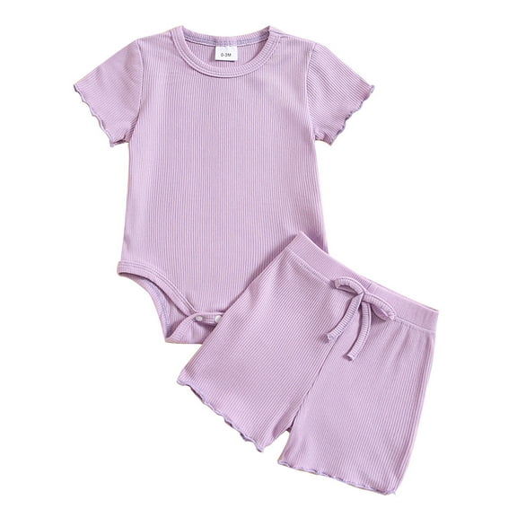 Tkrady Baby Outfits for Girl Summer Casual Crewneck Short Sleeve Solid Tops and Shorts Set, Sizes 0-18 Months