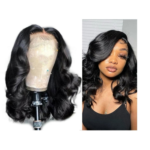 Tkrady Black Curly Wavy Frontal Middle Parting Hair Wigs, Wigs for Women Human Hair Natural Synthetic Wigs Glueless Plucked Long Wavy Wigs 17.7 Inch