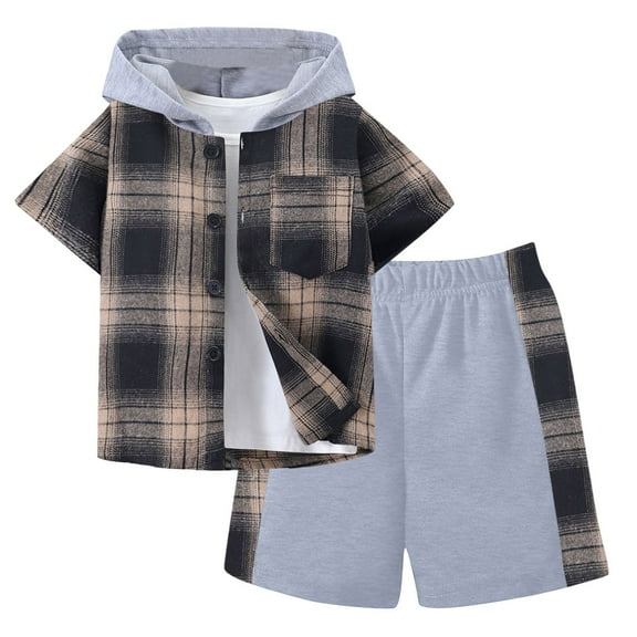 Tkrady Boys Fashion Outfits Spring Summer New Short Sleeve Hood Plaid Tops Shorts 2 Piece Set, Sizes 2-9 Years