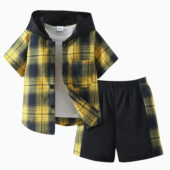 Tkrady Boys Fashion Outfits Spring Summer New Short Sleeve Hood Plaid Tops Shorts 2 Piece Set, Sizes 3-9 Years