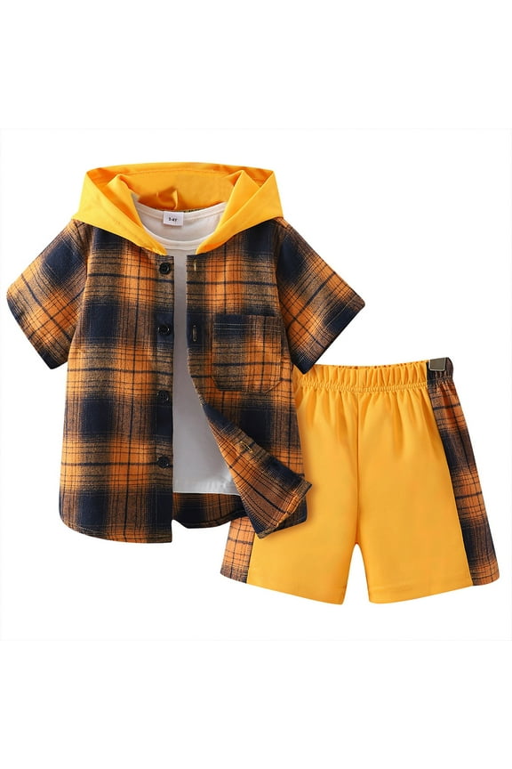 Boys Fashion Outfits Spring Summer New Short Sleeve Hood Plaid Tops Shorts 2 Piece Set, Sizes 3-9 Years