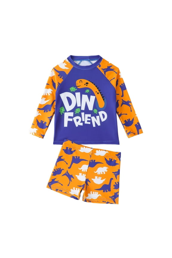 Boys Swim Set Summer New Cute Cartoon Graphic Long Sleeve Separate Sunscreen Swimsuit Trunks 2 Piece Set, Sizes 3-7 Years